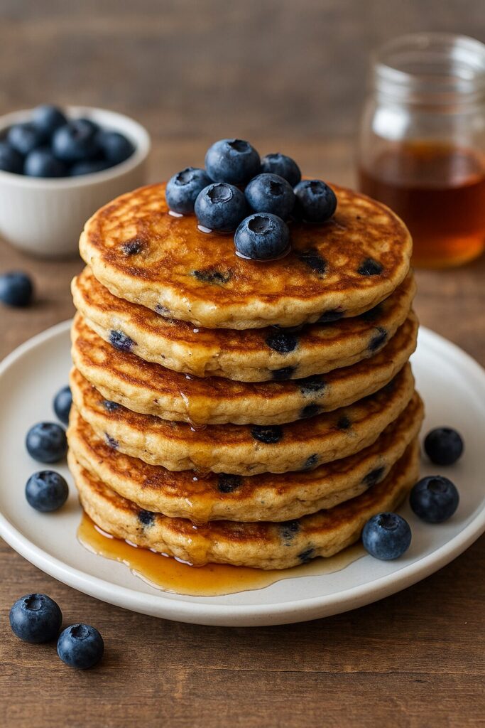 Stack of lemon ricotta pancakes topped with blueberries and syrup
