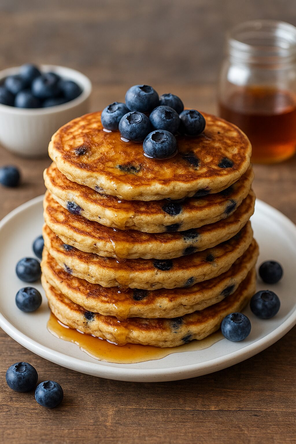 Stack of lemon ricotta pancakes topped with blueberries and syrup